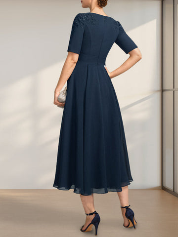 A-line Scoop Tea-Length Chiffon Mother of the Bride Dress With Appliques Lace Sequins