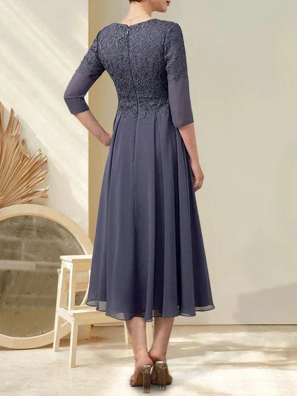 A-line V-Neck Tea-Length Chiffon Lace Mother of the Bride Dress With Beading by Dreamylily