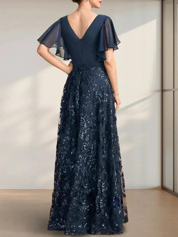 A-line V-Neck Floor-Length Lace Sequin Chiffon Mother of the Bride Dress With Pleated by Dreamylily