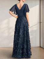 A-line V-Neck Floor-Length Lace Sequin Chiffon Mother of the Bride Dress With Pleated by Dreamylily