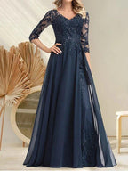 A-line V-Neck Floor-Length Lace Chiffon Mother of the Bride Dress With Sequins by Dreamylily