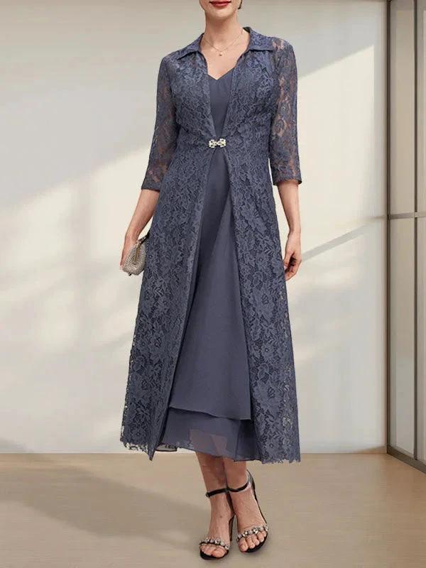A-line V-Neck Tea-Length Chiffon Mother of the Bride Dress by Dreamylily