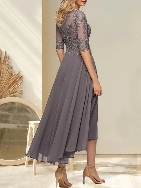 A-line Boat Neck Illusion Asymmetrical Chiffon Lace Mother of the Bride Dress With Sequins Beading by Dreamylily