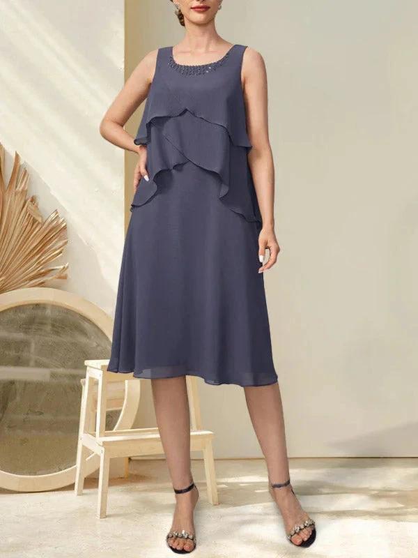 A-line Scoop Knee-Length Chiffon Mother of the Bride Dress With Beading by Dreamylily