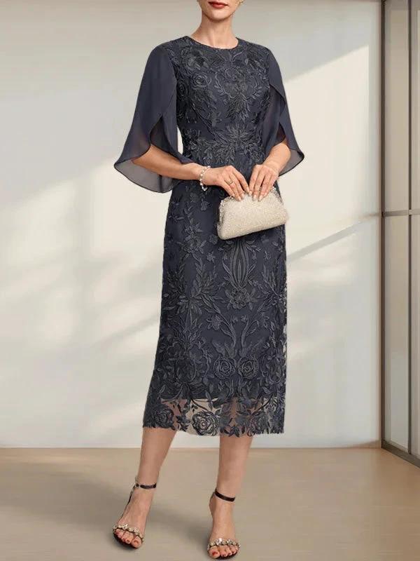 Sheath/Column Scoop Tea-Length Lace Chiffon Mother of the Bride Dress by Dreamylily