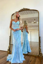 Sky Blue Long Mermaid Sweetheart Lace Formal Prom Dresses by BIZTUNNEL