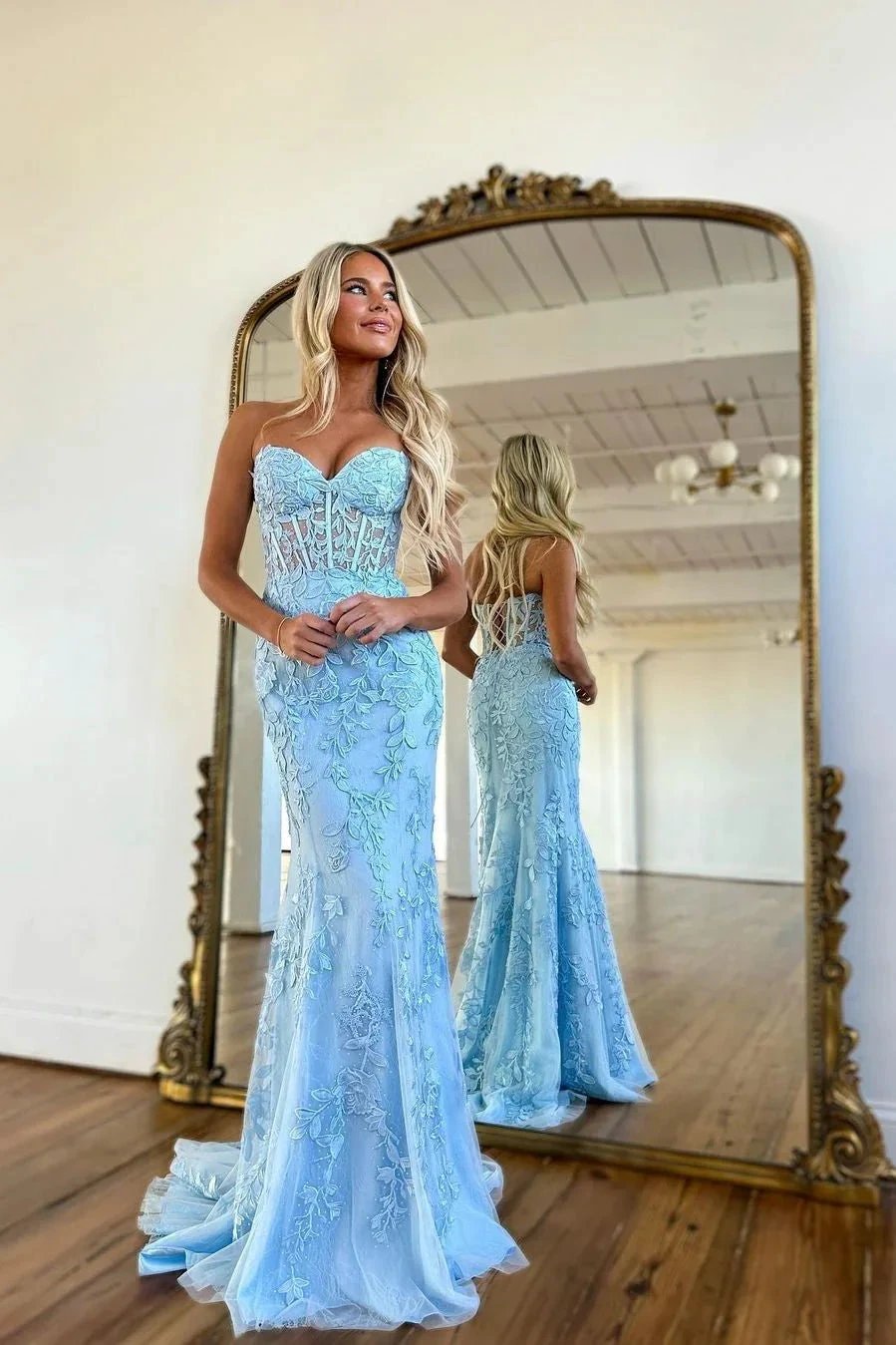Sky Blue Long Mermaid Sweetheart Lace Formal Prom Dresses by BIZTUNNEL