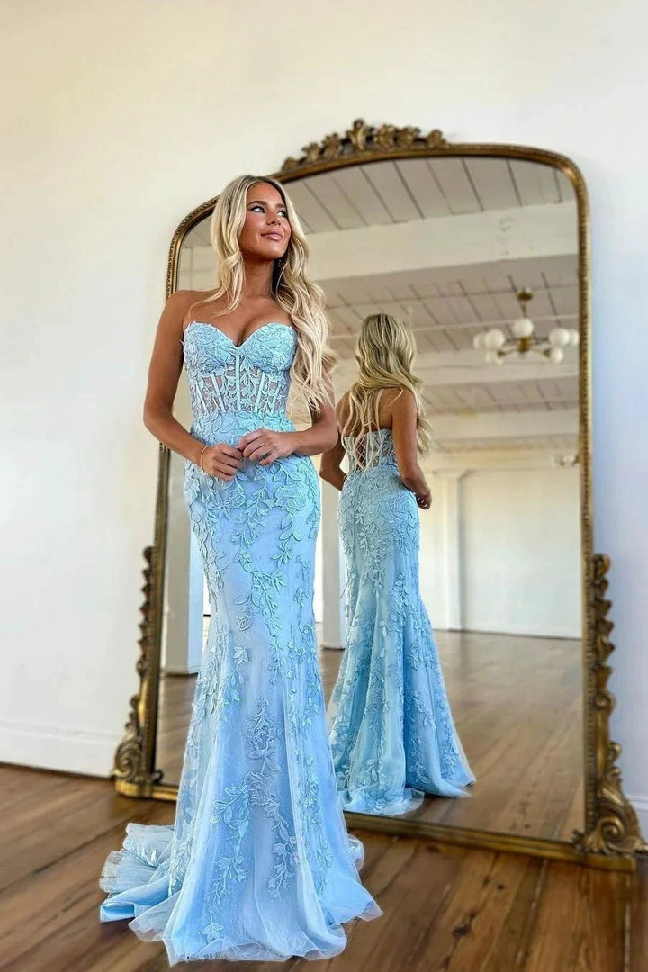 Sky Blue Long Mermaid Sweetheart Lace Formal Prom Dresses by BIZTUNNEL