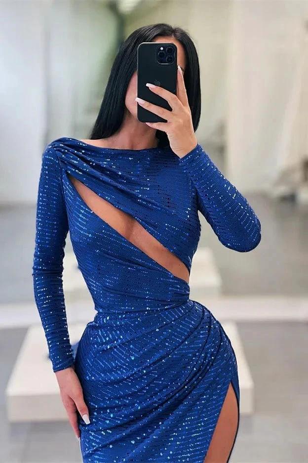 Royal Blue Long Sleeves Mermaid Sequins Prom Dress With Split by BIZTUNNEL