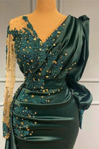 Dark Green Long Sleeves Mermaid V-Neck Satin Beadings Evening Prom Dress by BIZTUNNEL