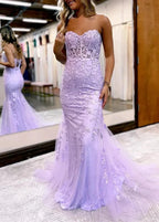 Pink Mermaid Sweetheart Neck Lace Long Prom Dress With Appliques by KissProm