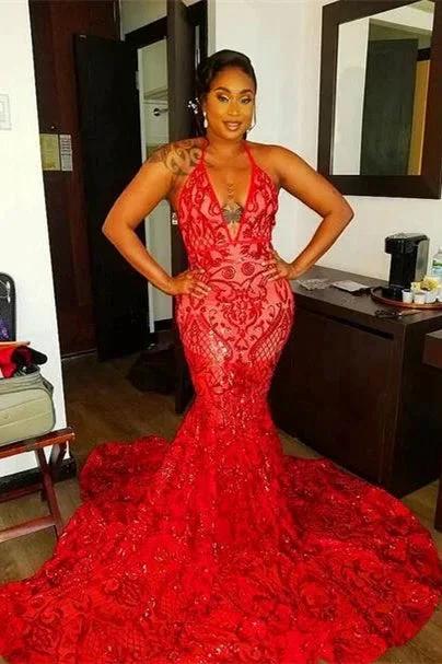 Halter Deep V Neck Open Back Sexy Lace Mermaid Prom Gown by BIZTUNNEL