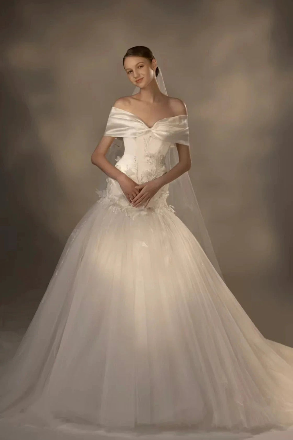 Gorgeous Long Ball Gown Off-the-Shoulder Satin & Tulle Wedding Dress with 3D Embroidery & Cathedral Train Q6013 by ZAPDRESS