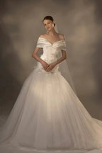 Gorgeous Long Ball Gown Off-the-Shoulder Satin & Tulle Wedding Dress with 3D Embroidery & Cathedral Train Q6013 by ZAPDRESS