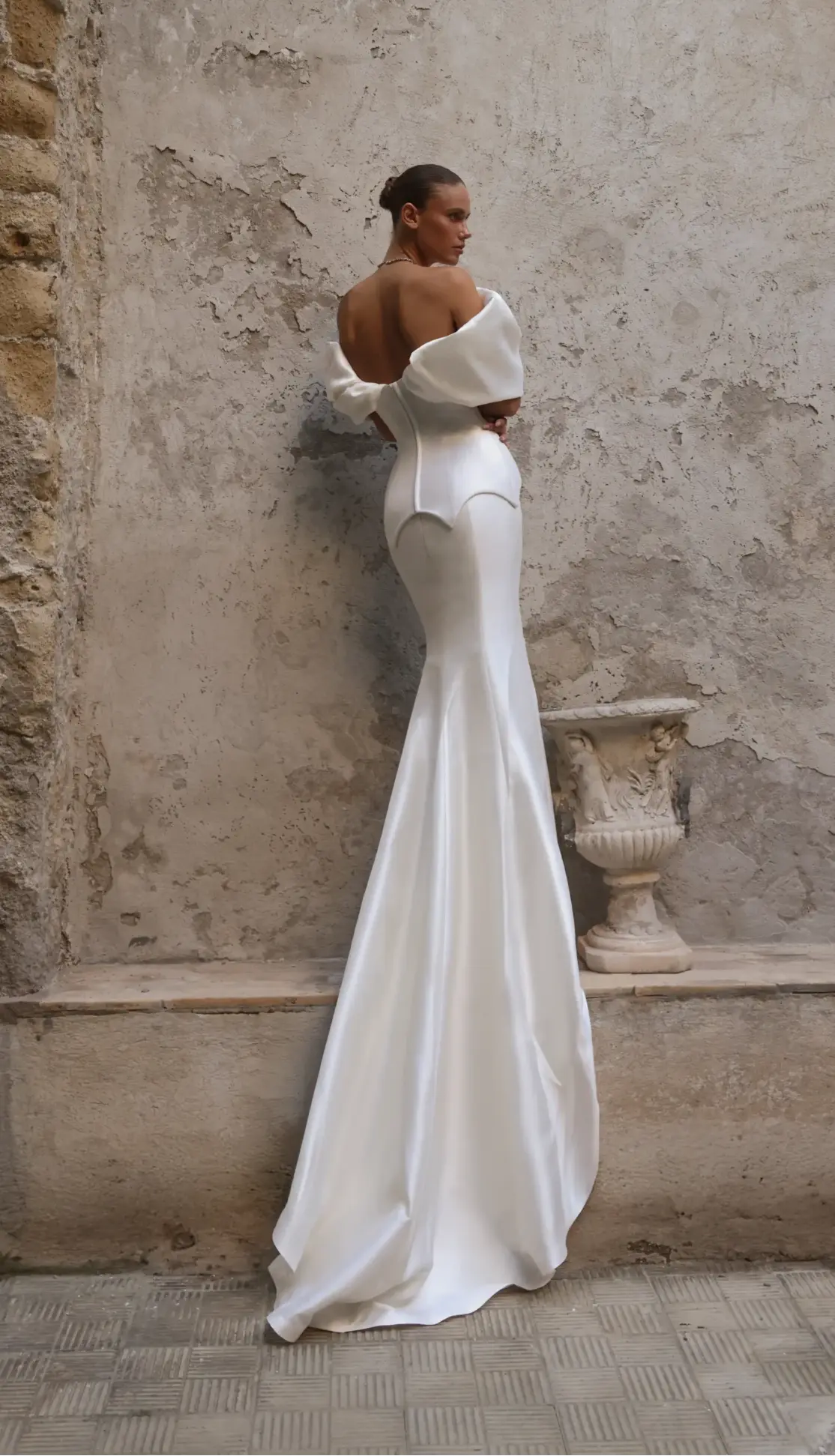 Luxury White Satin Off-the-Shoulder Puff Sleeve Mermaid Wedding Dress SW178