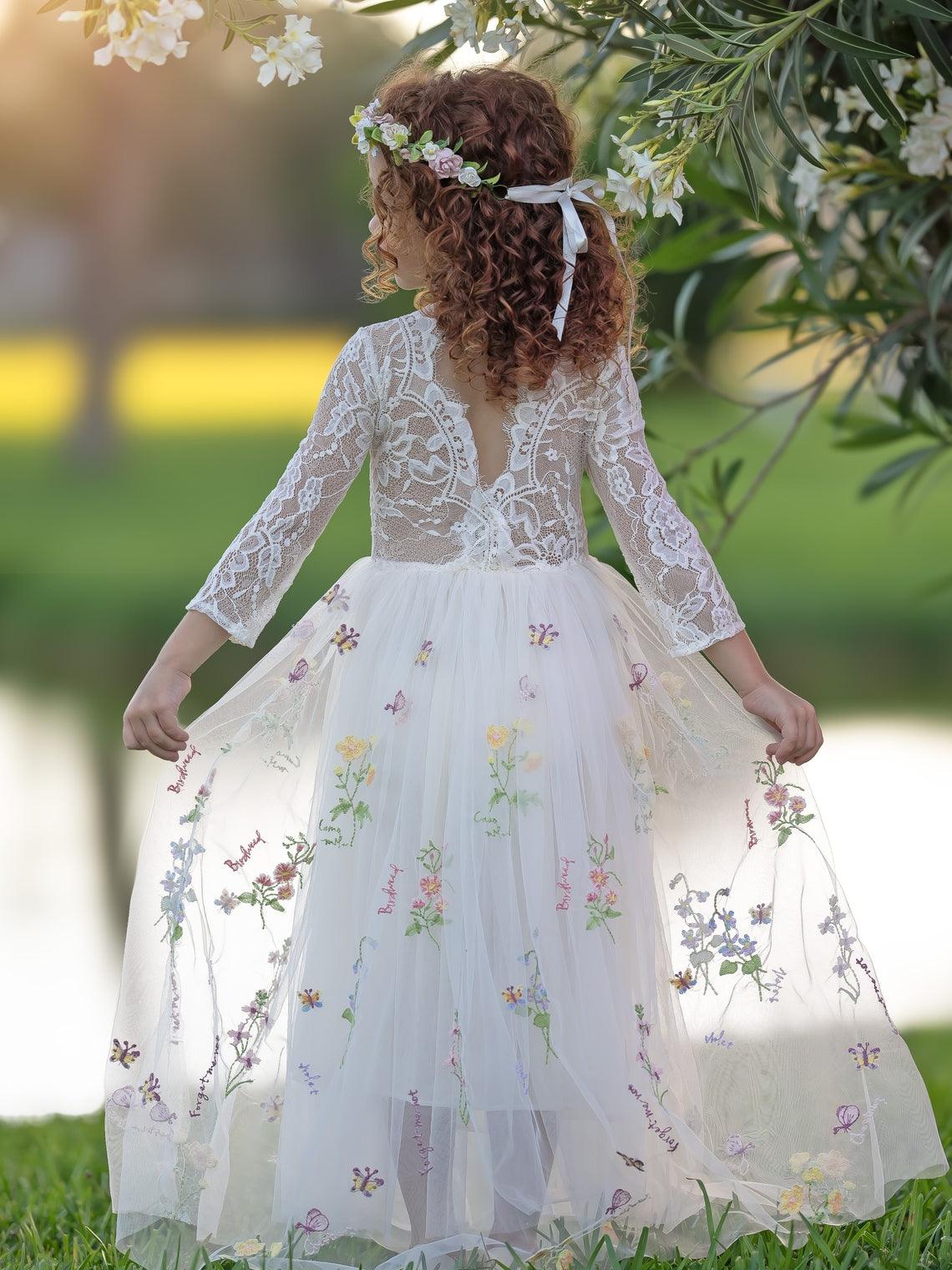 Floral Lace Embroidered Tulle A-Line Full-Length Garden Flower Girl Dress - photo 2