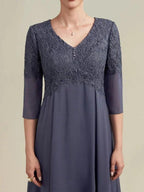 A-line V-Neck Tea-Length Chiffon Lace Mother of the Bride Dress With Beading by Dreamylily
