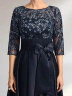 A-line Scoop Illusion Asymmetrical Satin Lace Mother of the Bride Dress With Bow by Dreamylily