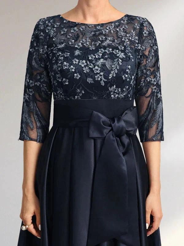 A-line Scoop Illusion Asymmetrical Satin Lace Mother of the Bride Dress With Bow by Dreamylily