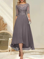 A-line Boat Neck Illusion Asymmetrical Chiffon Lace Mother of the Bride Dress With Sequins Beading by Dreamylily