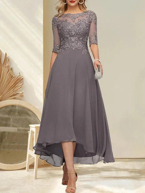 A-line Boat Neck Illusion Asymmetrical Chiffon Lace Mother of the Bride Dress With Sequins Beading by Dreamylily
