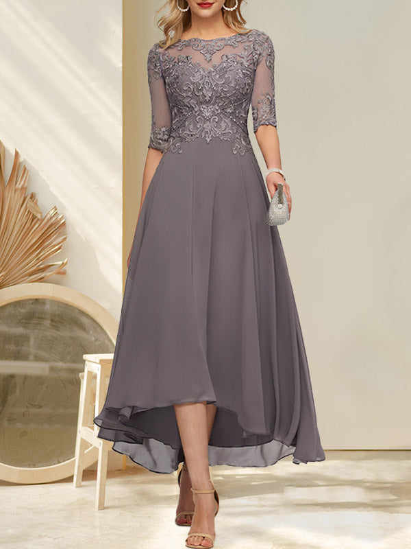 A-line Boat Neck Illusion Asymmetrical Chiffon Lace Mother of the Bride Dress With Sequins Beading Hover Image