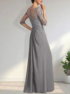 A-line Scoop Illusion Floor-Length Chiffon Lace Mother of the Bride Dress With Beading Sequins Cascading Ruffles by Dreamylily