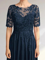 A-line Scoop Illusion Asymmetrical Chiffon Lace Mother of the Bride Dress With Sequins by Dreamylily