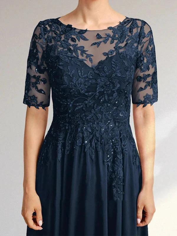 A-line Scoop Illusion Asymmetrical Chiffon Lace Mother of the Bride Dress With Sequins by Dreamylily