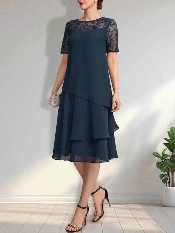 A-line Scoop Illusion Knee-Length Lace Chiffon Mother of the Bride Dress With Sequins by Dreamylily