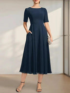 A-line Scoop Tea-Length Chiffon Mother of the Bride Dress With Appliques Lace Sequins by Dreamylily