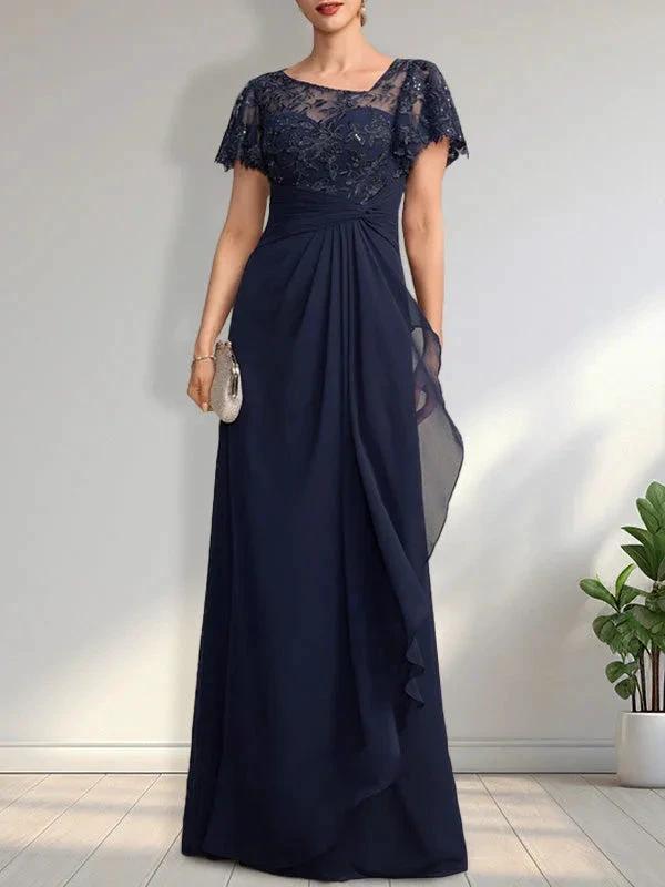 A-line Asymmetrical Illusion Floor-Length Lace Chiffon Mother of the Bride Dress With Cascading Ruffles Sequins by Dreamylily