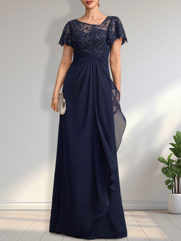 A-line Asymmetrical Illusion Floor-Length Lace Chiffon Mother of the Bride Dress With Cascading Ruffles Sequins Hover Image
