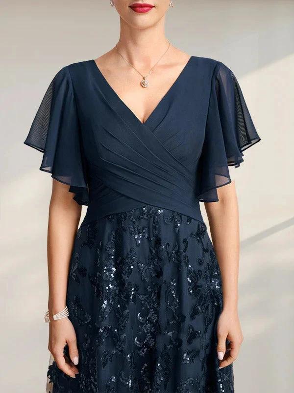 A-line V-Neck Floor-Length Lace Sequin Chiffon Mother of the Bride Dress With Pleated by Dreamylily