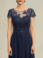 A-line Illusion Scoop Tea-Length Lace Chiffon Mother of the Bride Dress With Sequins by Dreamylily