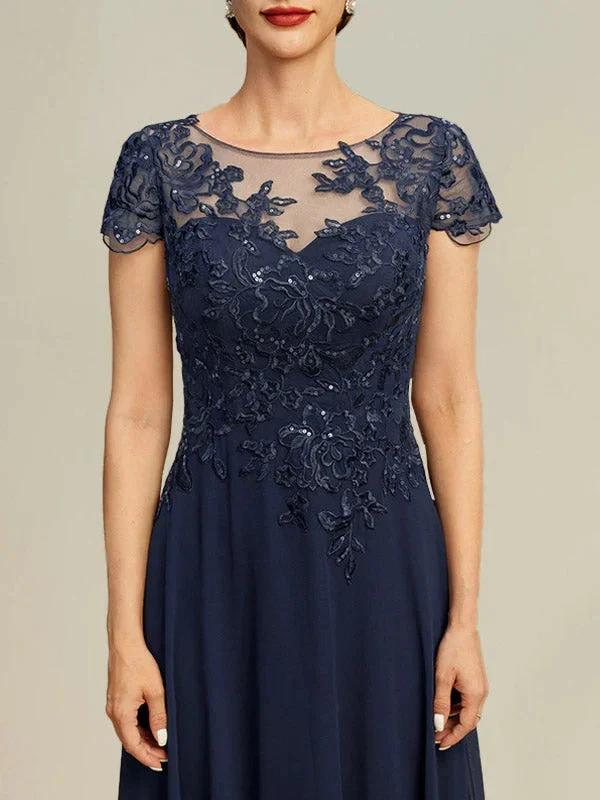 A-line Illusion Scoop Tea-Length Lace Chiffon Mother of the Bride Dress With Sequins by Dreamylily