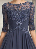 A-line Scoop Illusion Floor-Length Chiffon Lace Mother of the Bride Dress With Pleated Sequins by Dreamylily