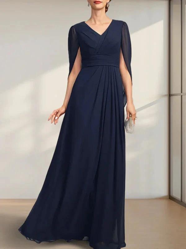 A-line V-Neck Floor-Length Chiffon Mother of the Bride Dress With Pleated by Dreamylily