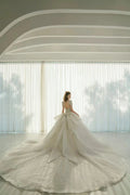 Luminous Ball Gown Illusion Neck Tulle Wedding Dress with Crystal Beaded Embroidery & Bow Back Train Q-6023 by ZAPDRESS