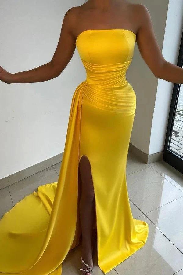 Yellow Long Strapless Sleeveless Satin Mermaid Prom Dresses with Slit by BIZTUNNEL