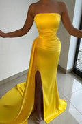 Yellow Long Strapless Sleeveless Satin Mermaid Prom Dresses with Slit by BIZTUNNEL