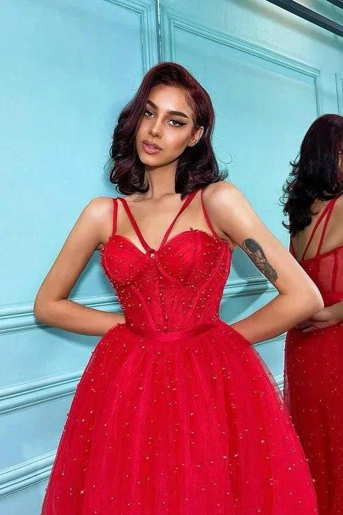 Short Red A-line Sweetheart Tulle Backless Prom Dresses by BIZTUNNEL