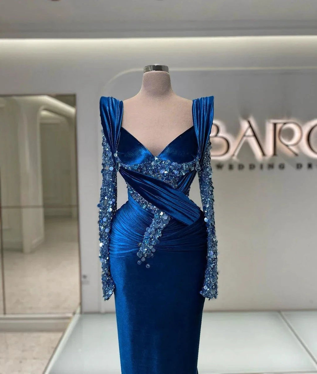 Royal Blue Mermaid Prom Dress with Elegant Long Sleeves and Sparkling Beadwork by BIZTUNNEL