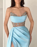 Sky Blue Long Strapless Beadings Mermaid Prom Dress With Split by BIZTUNNEL