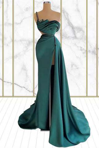 Einschultriges, smaragdgrünes Meerjungfrau-Ballkleid mit Strass und Schlitz