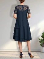 A-line Scoop Illusion Knee-Length Lace Chiffon Mother of the Bride Dress With Sequins by Dreamylily