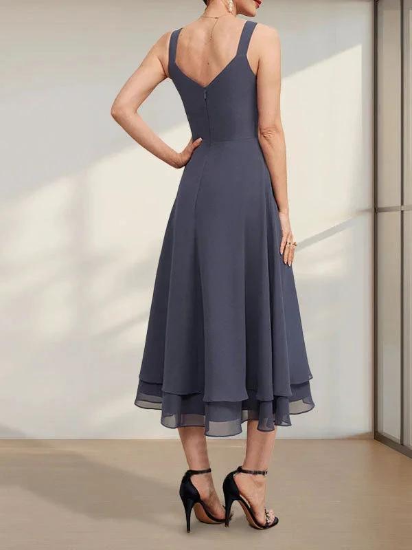 A-line V-Neck Tea-Length Chiffon Mother of the Bride Dress by Dreamylily