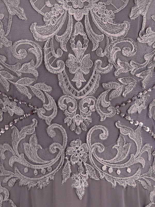 A-line Boat Neck Illusion Asymmetrical Chiffon Lace Mother of the Bride Dress With Sequins Beading by Dreamylily