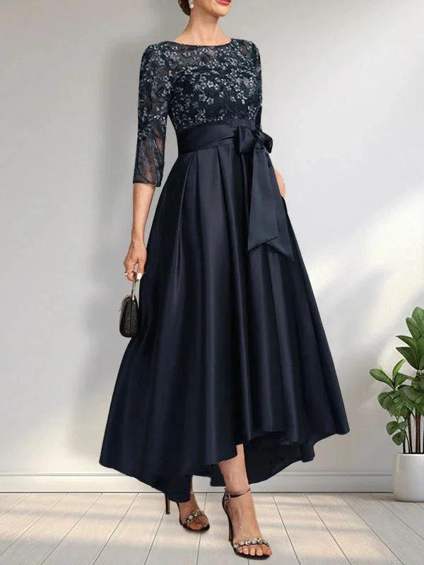 A-line Scoop Illusion Asymmetrical Satin Lace Mother of the Bride Dress With Bow by Dreamylily
