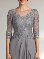 A-line Scoop Illusion Floor-Length Chiffon Lace Mother of the Bride Dress With Beading Sequins Cascading Ruffles by Dreamylily
